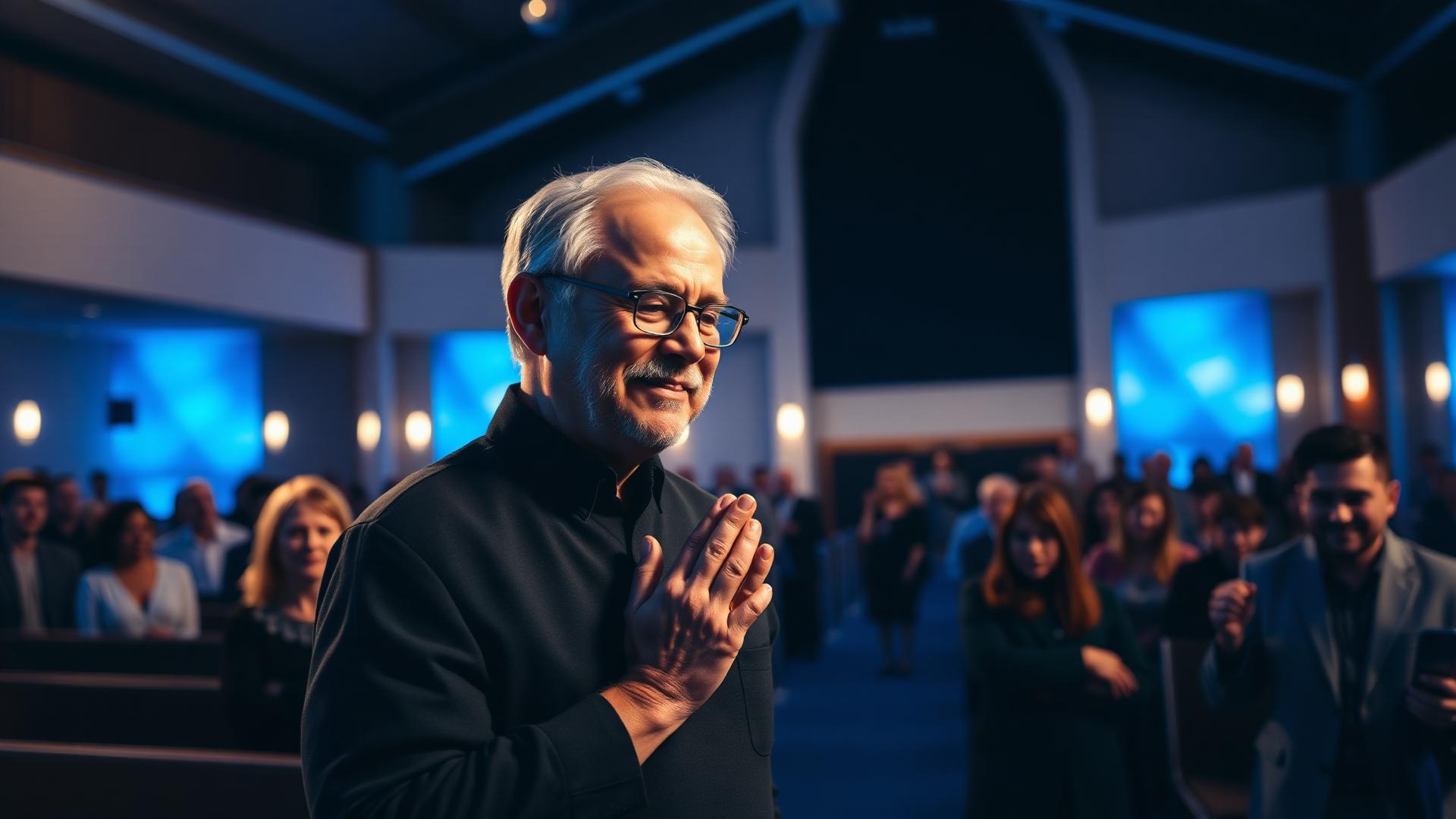 A pastor praying with church members during a gathering at Lion's Heart Ministries